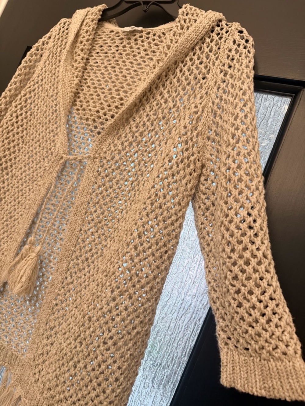 J. Jill Open Knit Cream Hooded Cardigan Fringe Hem Boho Lightweight XS Petite